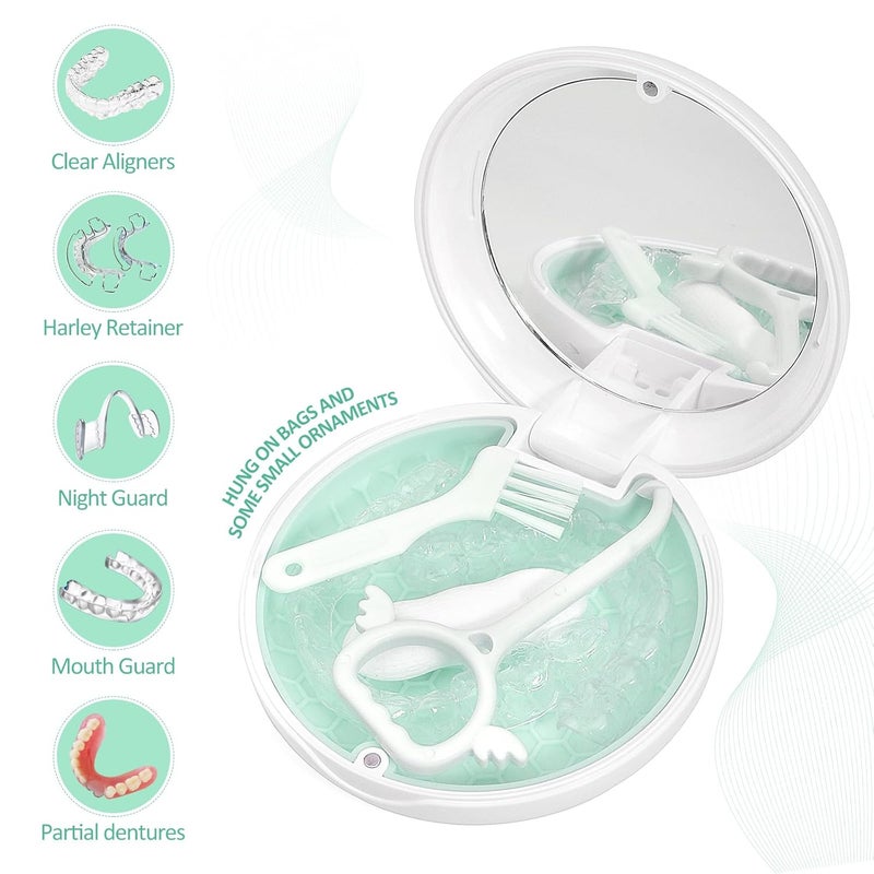 Gaboolo Store Retainer Case with Mirror and Lanyard,Slim Aligner Case with Vent Holes,Cute Dental Brace Box with Retainer Removal Tool and Brush (White Green with Lanyard) - Image 3
